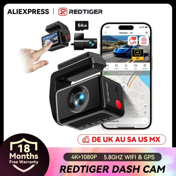 REDTIGER A4 Dashcam, 2-Kanal, 4K+1080P